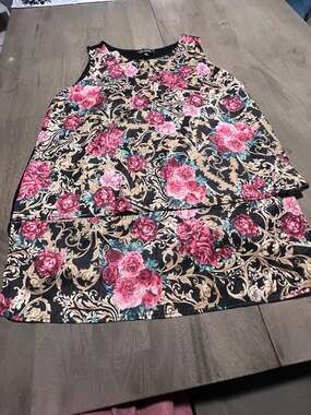 DB Clothing Floral Tank Top Size S Black Pink Rose Print Layered Hem